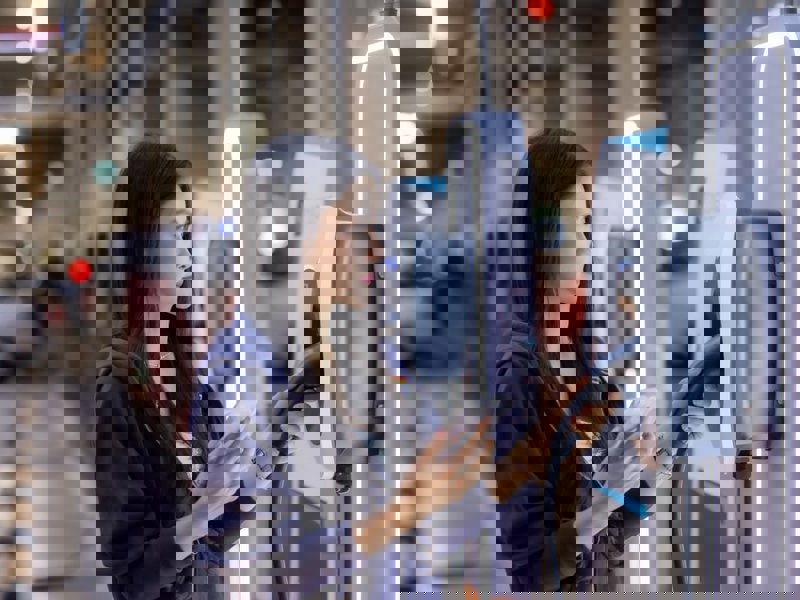 Woman using a set of modern EV chargers in a warehouse.