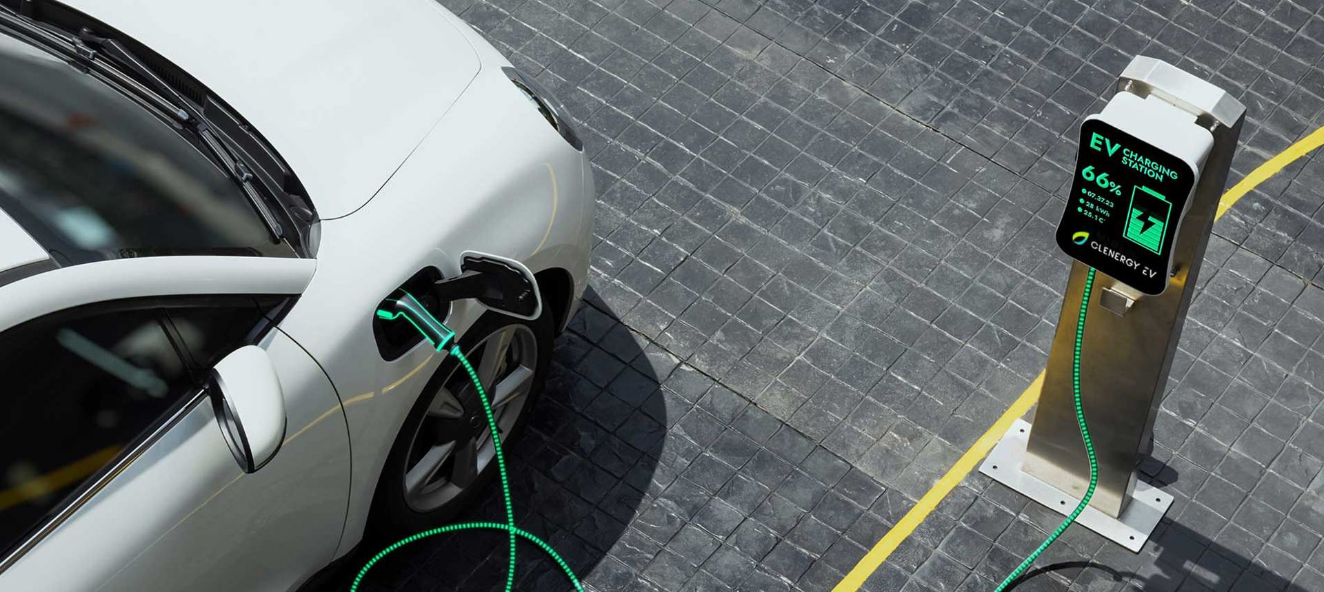 Futuristic EV charger against a leather seat backdrop with the words 'Make software your hero'
