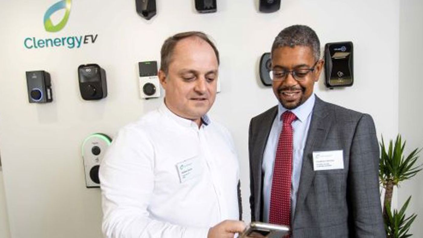 Will David and Vaughan Gething at the Clenergy EV charging software hub